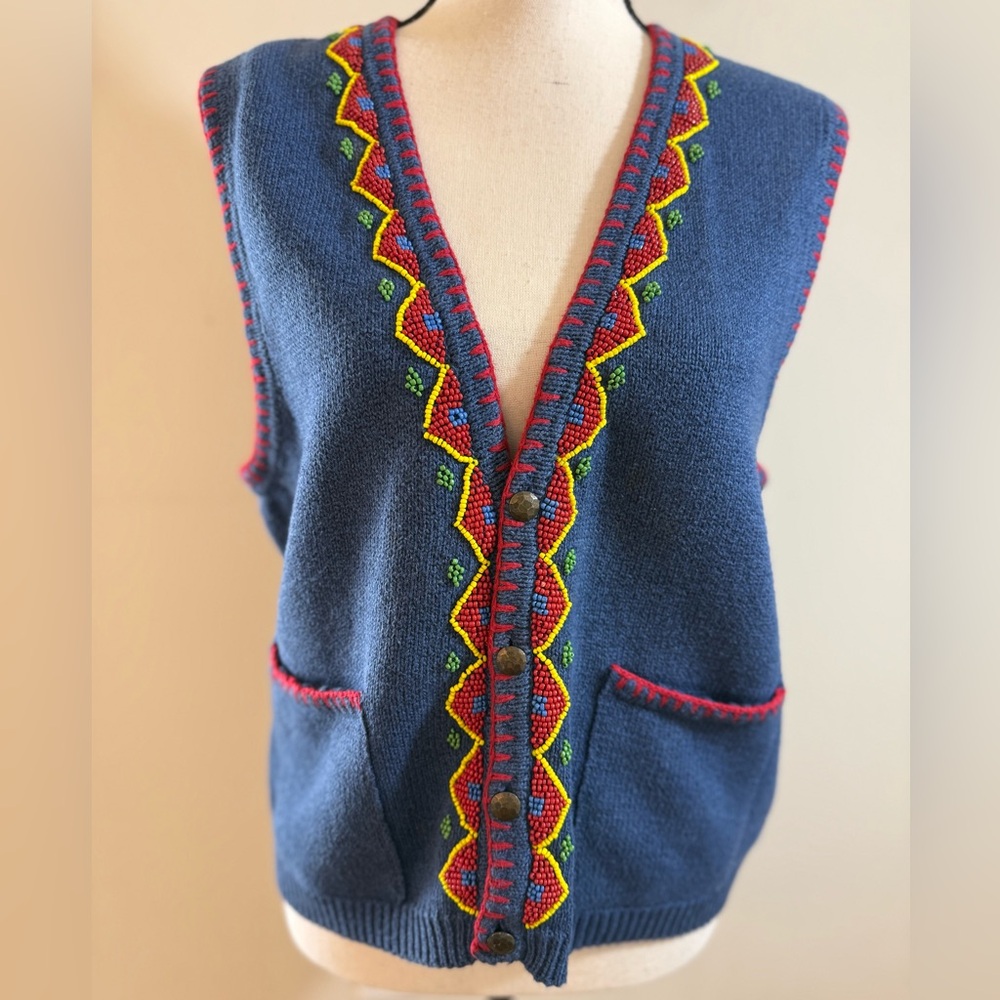 Liz Claiborne Blue Knit Vest with Multicolor Beaded Trim